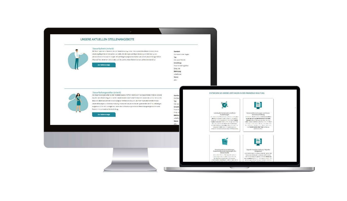 Visualisierung Webdesign einer Steuerberatungskanzlei in Dortmund. Zwei Monitore mit Design der Website