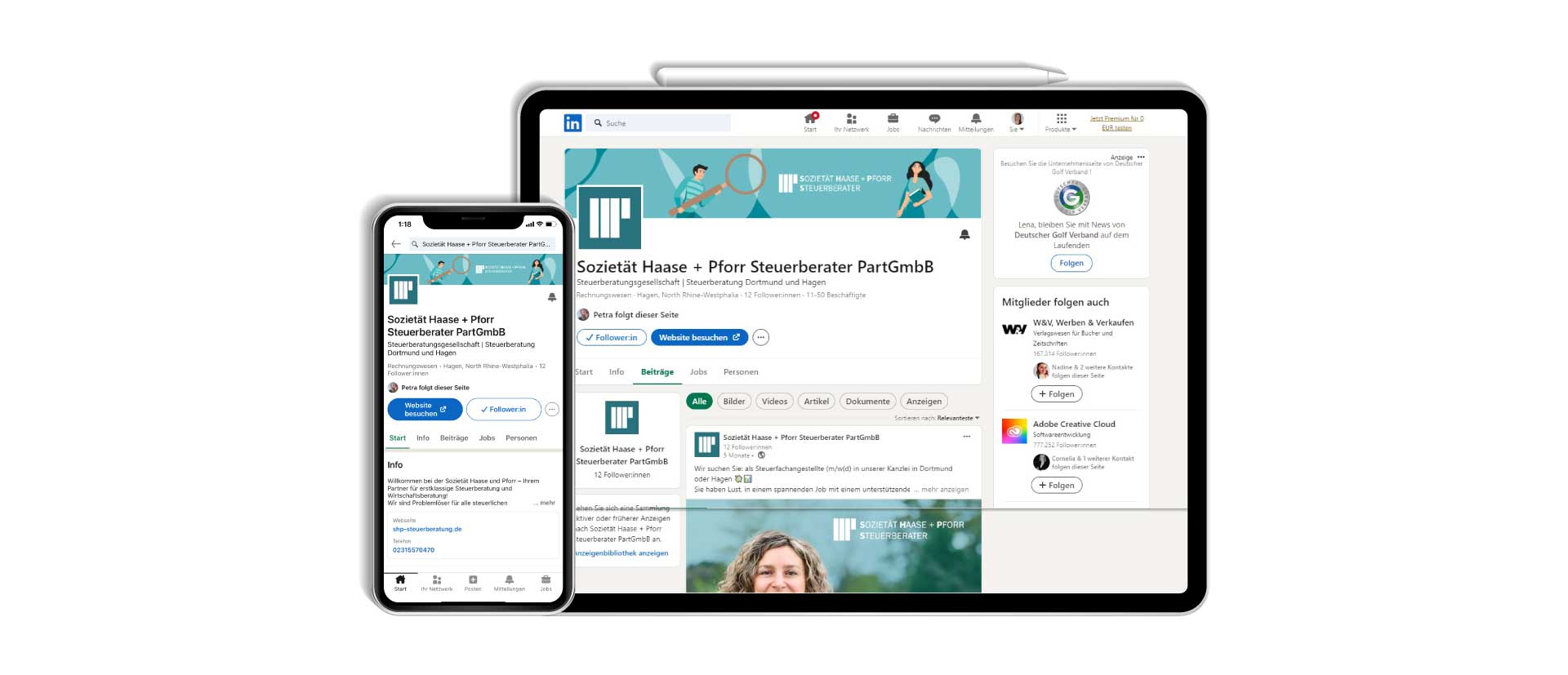 Visualisierung von Social Media Kampagne LinkedIn von Steuerberatungskanzlei in Dortmund auf Tablet und Handy