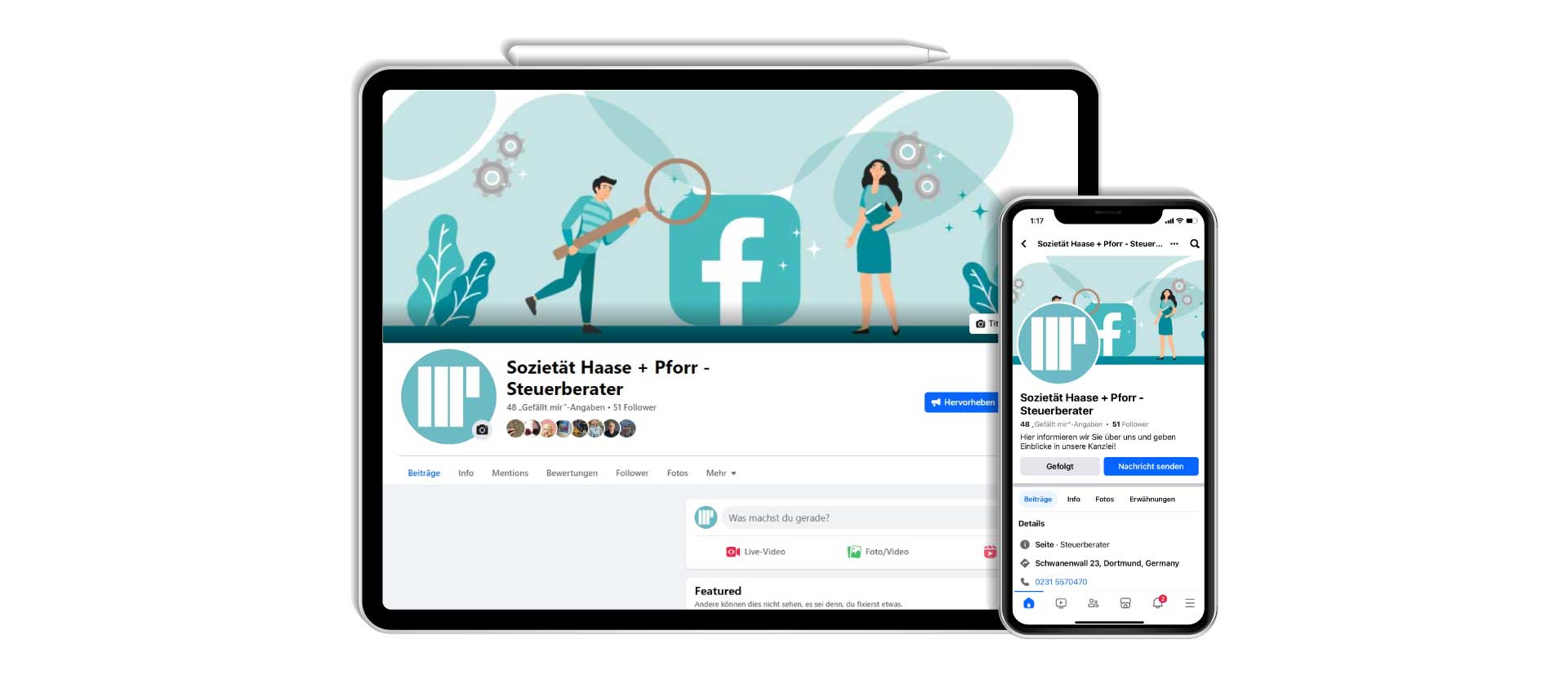Visualisierung Social Media Facebook einer Steuerberatungskanzlei in Dortmund auf Tablet und Handy