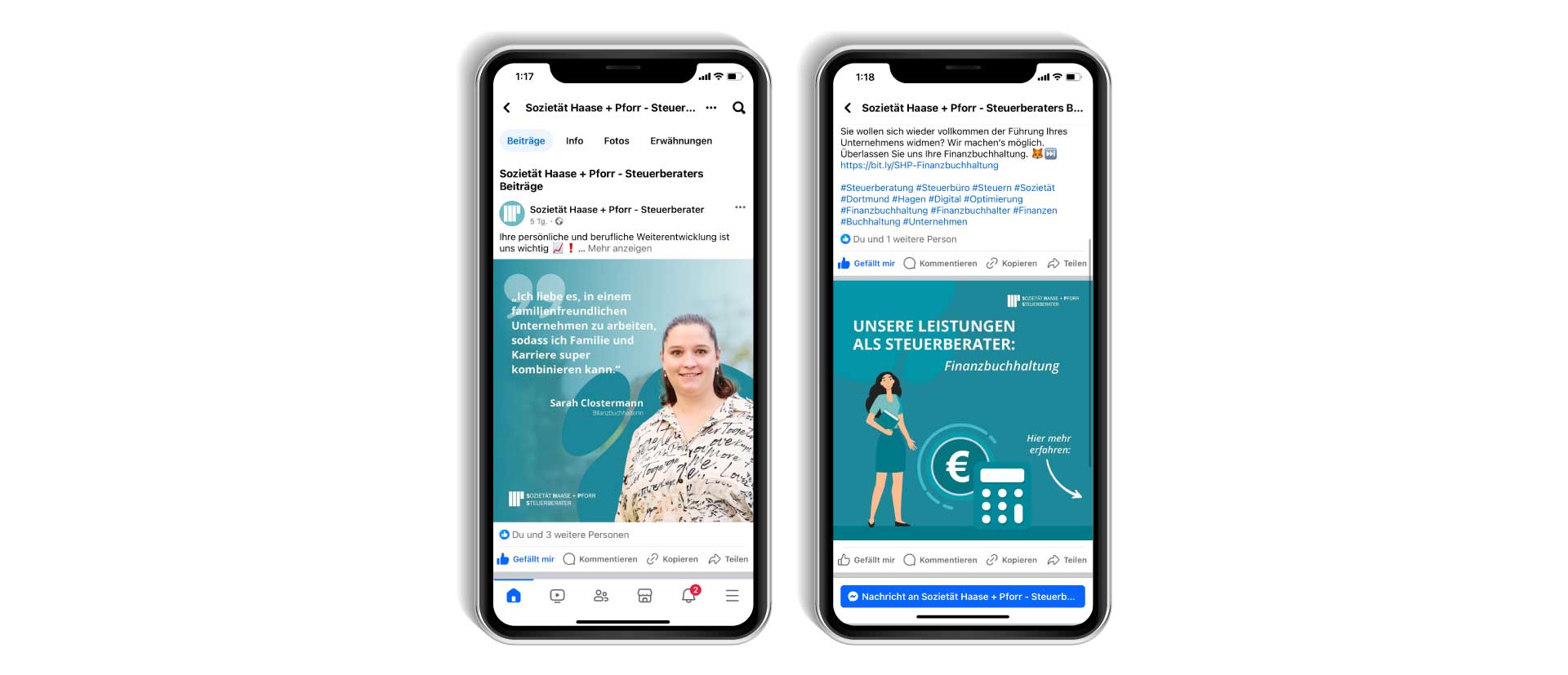 Visualisierung Facebook Social Media einer Steuerberatungskanzlei in Dortmund auf zwei Handys