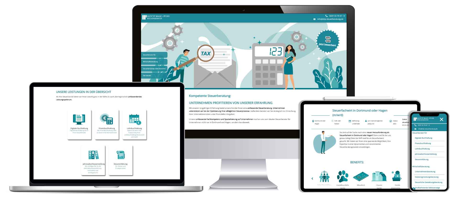 Webdesign einer Steuerberatungskanzlei in Dortmund visualisiert durch Laptop Handy Bildschirm und Tablet