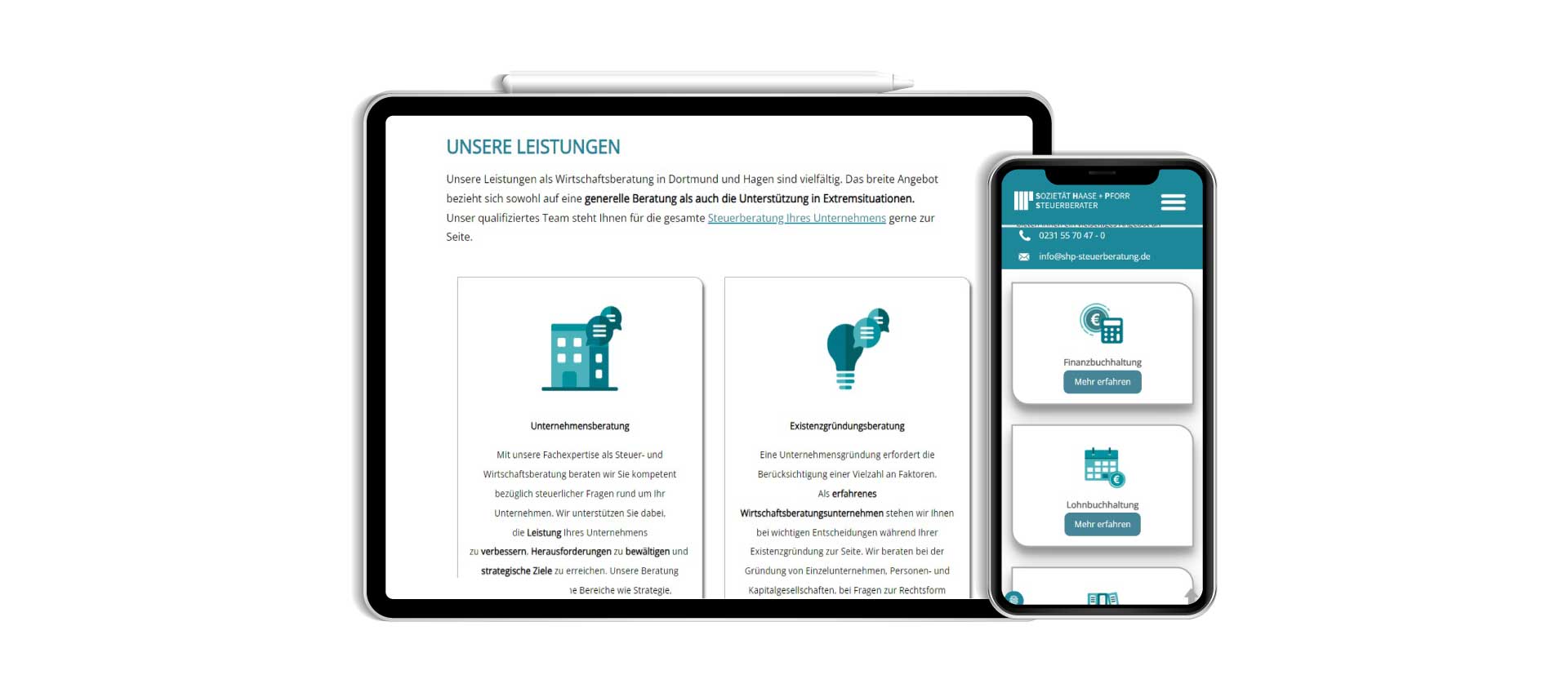 Tablet und Handy zeigen Visualisierung Webdesign einer Steuerberatungskanzlei aus Dortmund